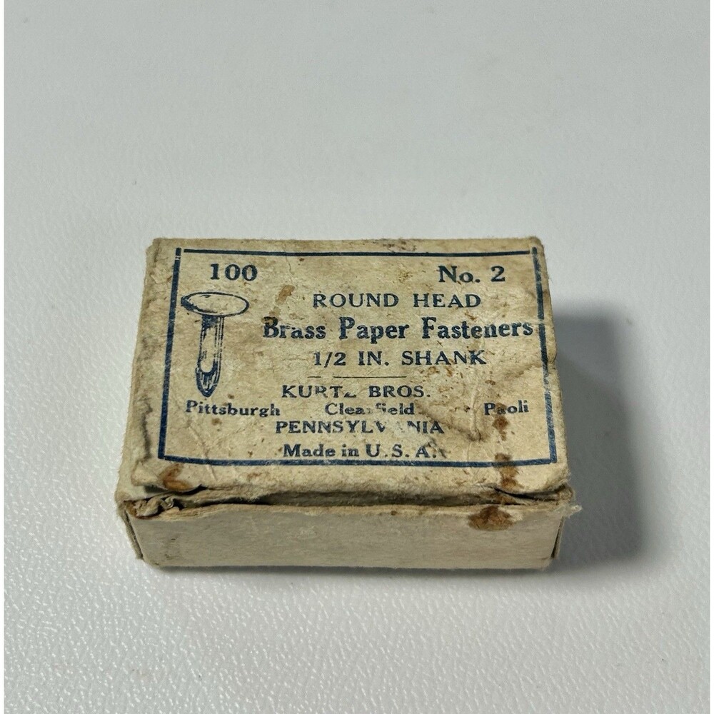 No. 2 Round Head Brass Paper Fasteners Box Kurtz Bros Vintage